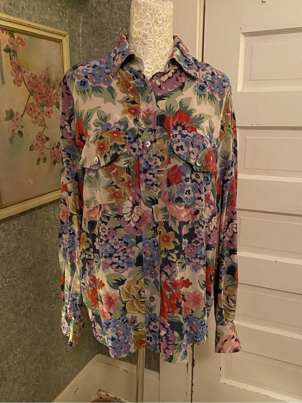 Anne Klein II 100% silk Floral Button-Up Blouse long sleeve sz 6